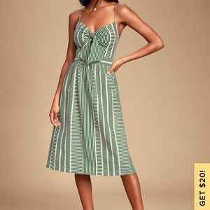 Green and White Striped Tie-front Midi Dress